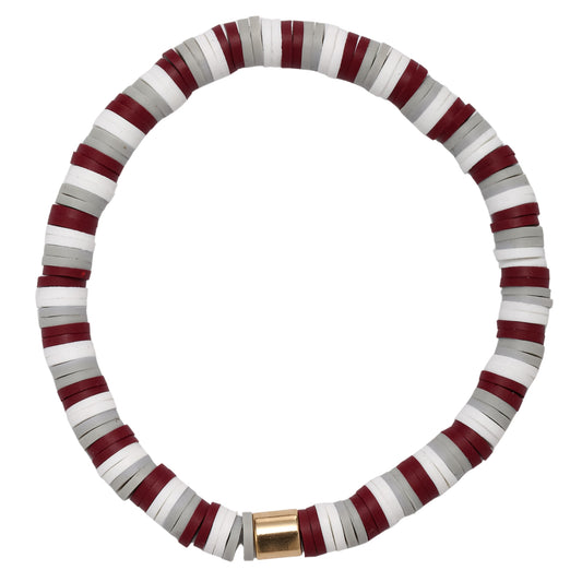 Maroon, Grey, White, Gold Rubber Disk Beaded Bracelet