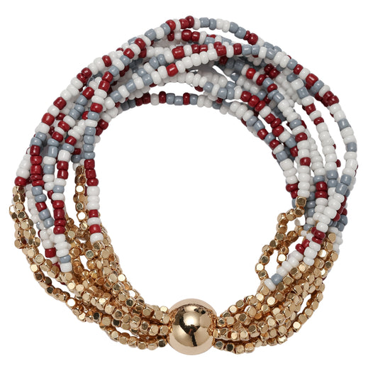 Maroon, White, Grey, Gold Seed Bead Beaded Multi Strand Bracelet with Gold Round Bead