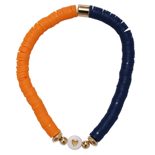 Navy, Orange Rubber Disk Beaded Bracelet with White & Gold Heart
