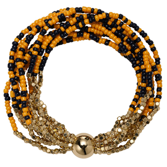 Navy, Orange, Gold Seed Bead Beaded Multi Strand Bracelet with Gold Round Bead