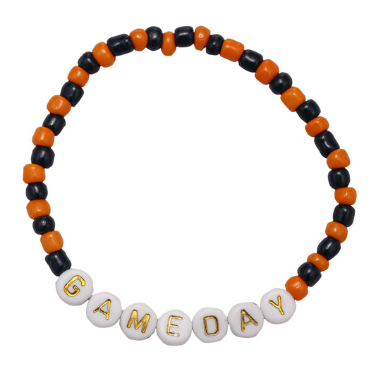 Orange, Navy Large Seed Bead Beaded Bracelet with "Gameday"