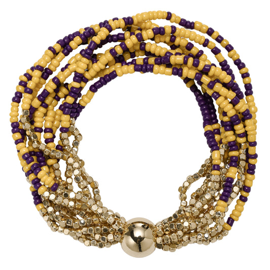 Purple, Yellow, Gold Seed Bead Beaded Multi Strand Bracelet with Gold Round Bead