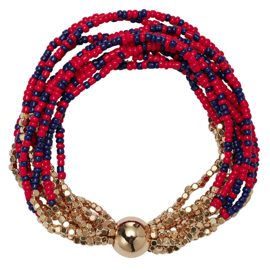Navy, Red, Gold Seed Bead Beaded Multi Strand Bracelet with Gold Round Bead
