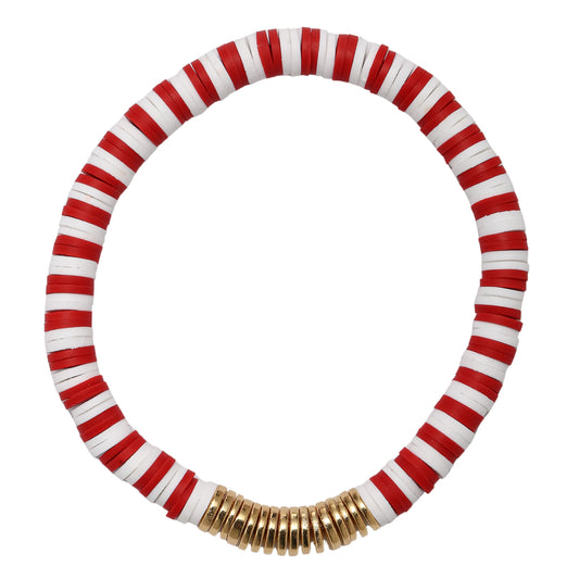 White, Crimson, Gold Rubber Disk Beaded Bracelet