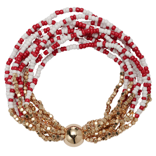 White, Crimson, Gold Seed Bead Beaded Multi Strand Bracelet with Gold Round Bead