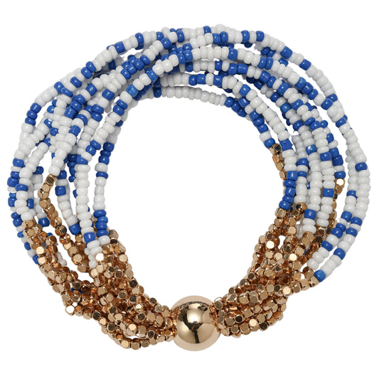 Royal Blue, White, Gold Seed Bead Beaded Multi Strand Bracelet with Gold Round Bead