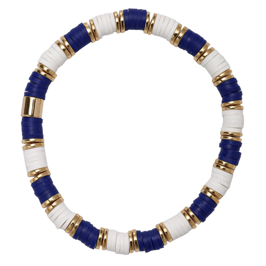 Royal Blue, White, Gold Rubber Disk Beaded Bracelet
