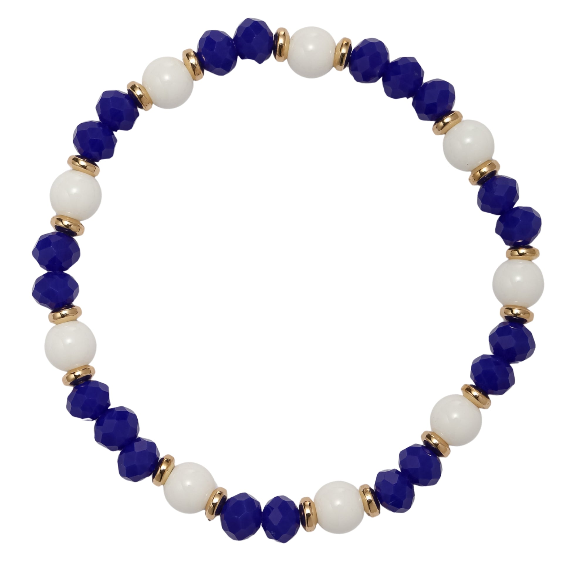 Royal Blue, White, Gold Faceted Beaded Bracelet