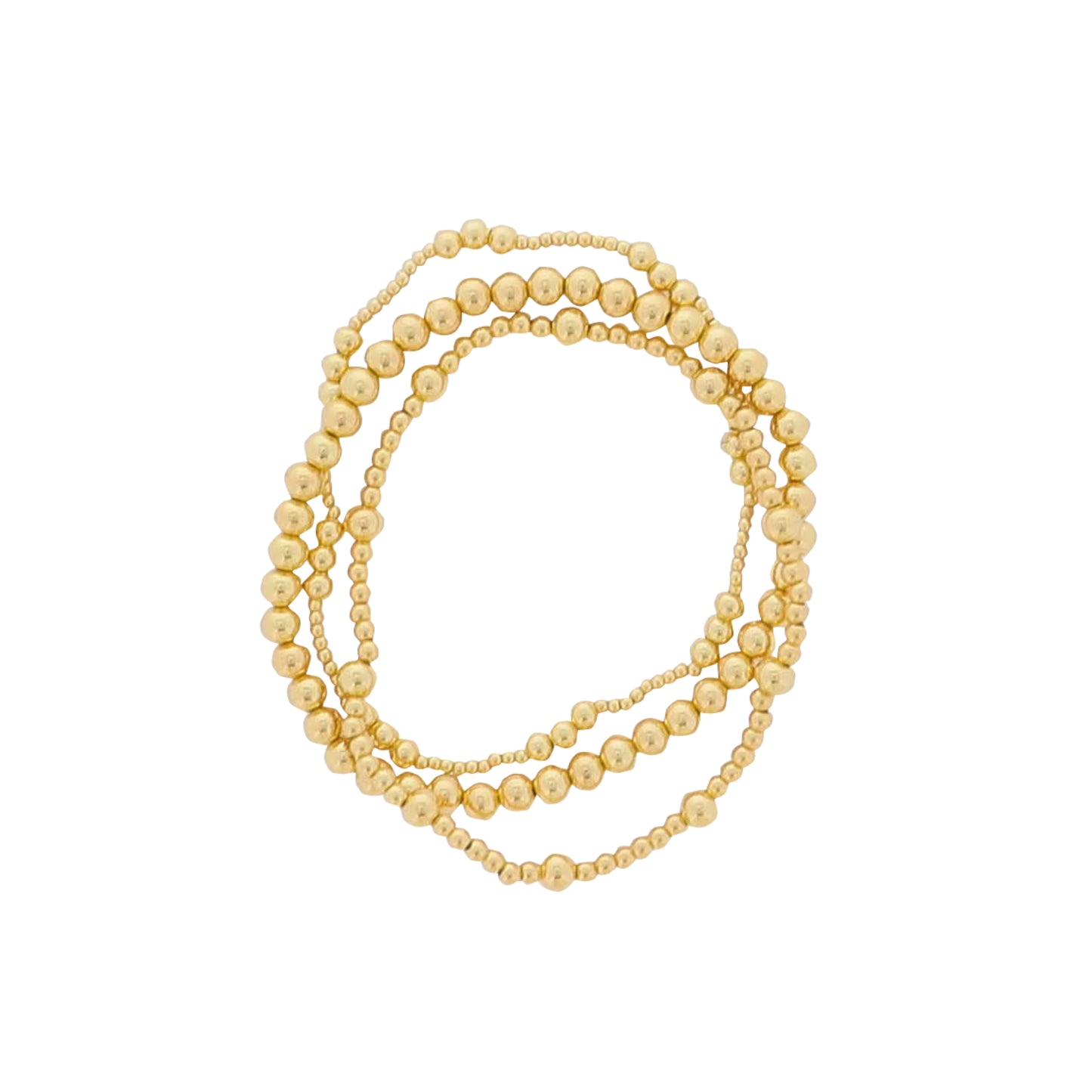 Set of 3, Multi Sized Ball Gold Beaded Stretch Bracelet