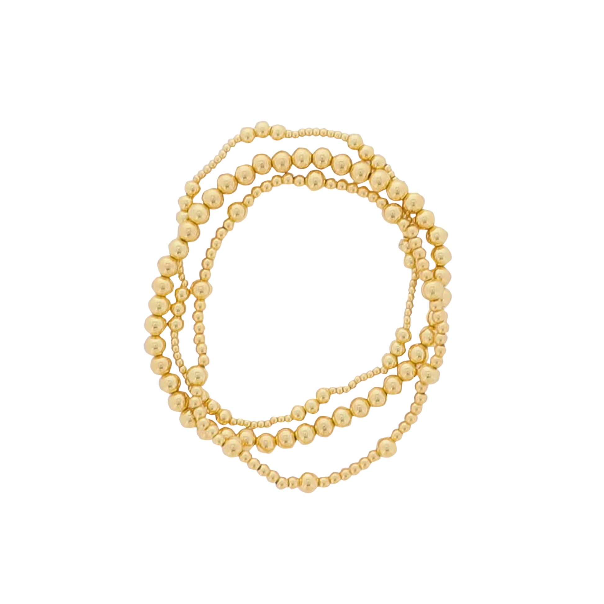 Set of 3, Multi Sized Ball Gold Beaded Stretch Bracelet