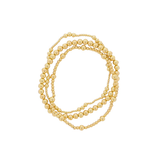 Set of 3, Multi Sized Ball Gold Beaded Stretch Bracelet