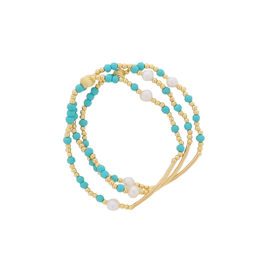 Set of 3, Gold, Teal, Pearl Beaded Stretch Bracelet, with Gold Bar