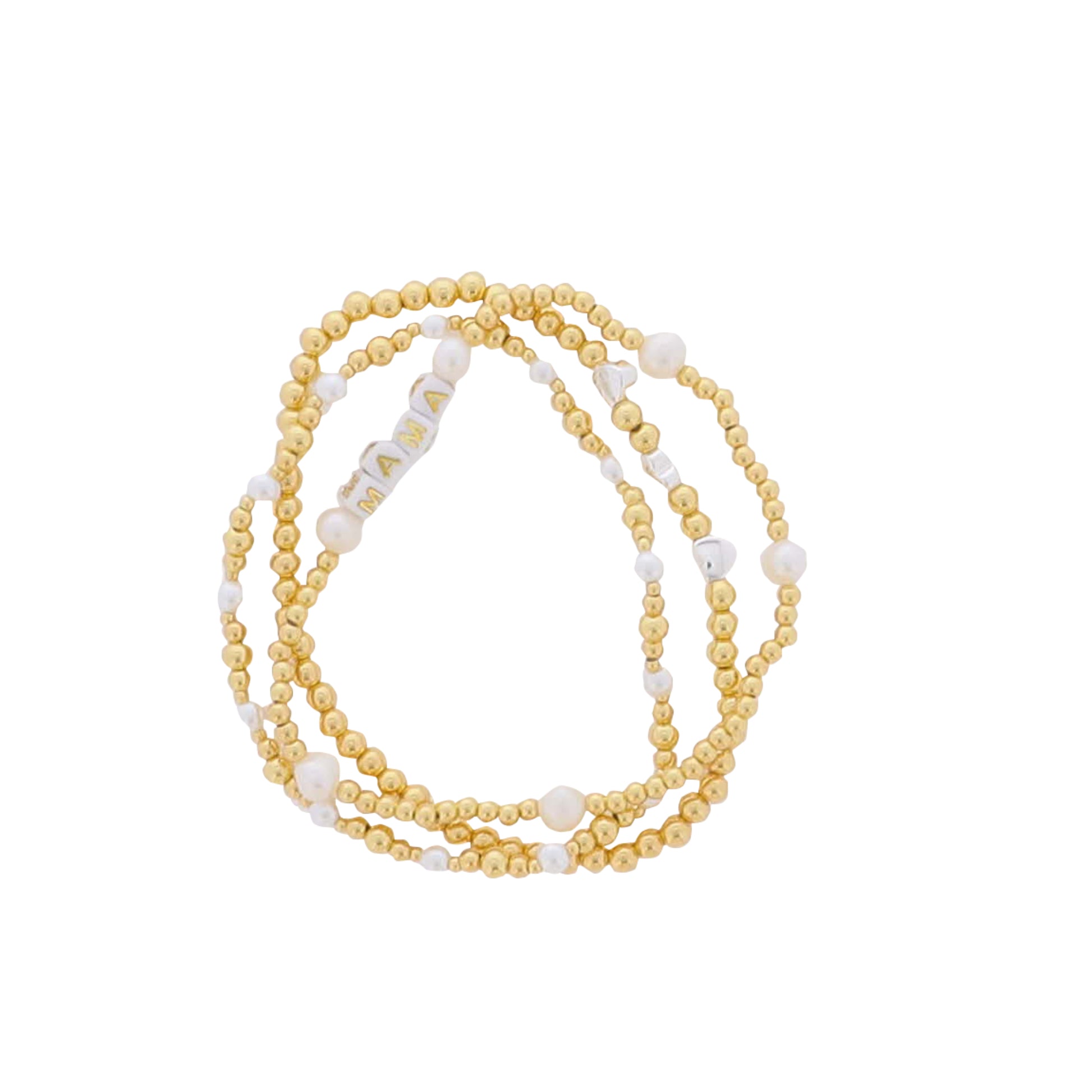 Set of 3, Gold, Pearl Beaded Stretch Bracelet, with "Mama"