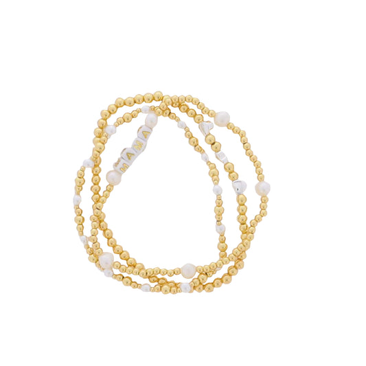 Set of 3, Gold, Pearl Beaded Stretch Bracelet, with "Mama"
