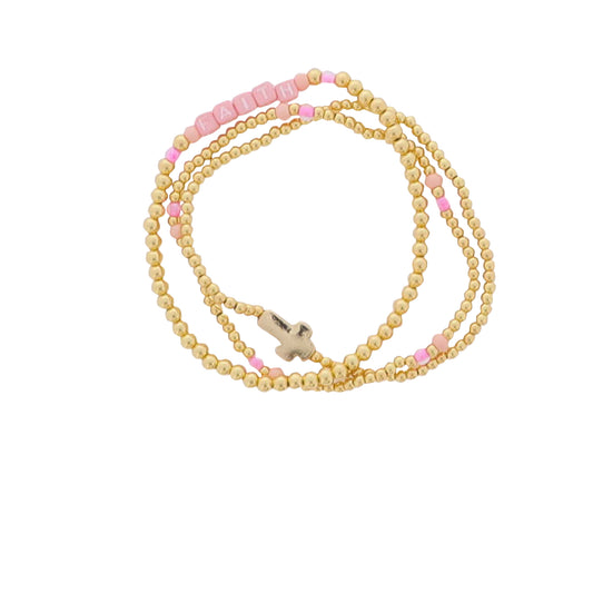 Set of 3, Gold, Pink Beaded Stretch Bracelet, with Gold Cross & "Faith"