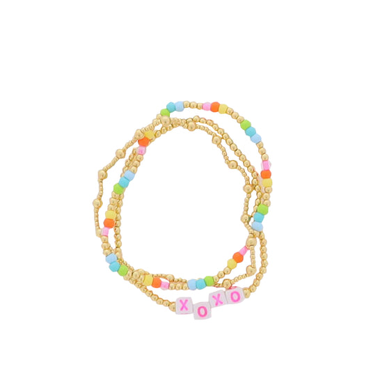 Set of 3, Gold, Multi Beaded Stretch Bracelet, with "XOXO