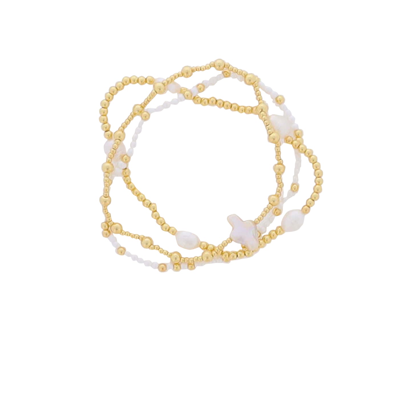 Set of 3, White, Gold, Pearl Beaded Stretch Bracelet, with Pearl Cross