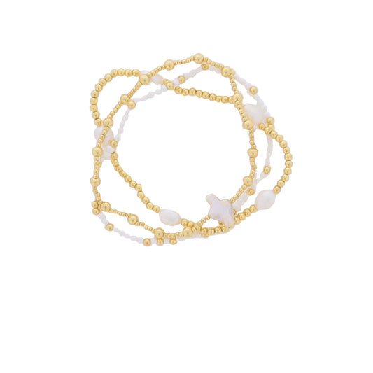Set of 3, White, Gold, Pearl Beaded Stretch Bracelet, with Pearl Cross