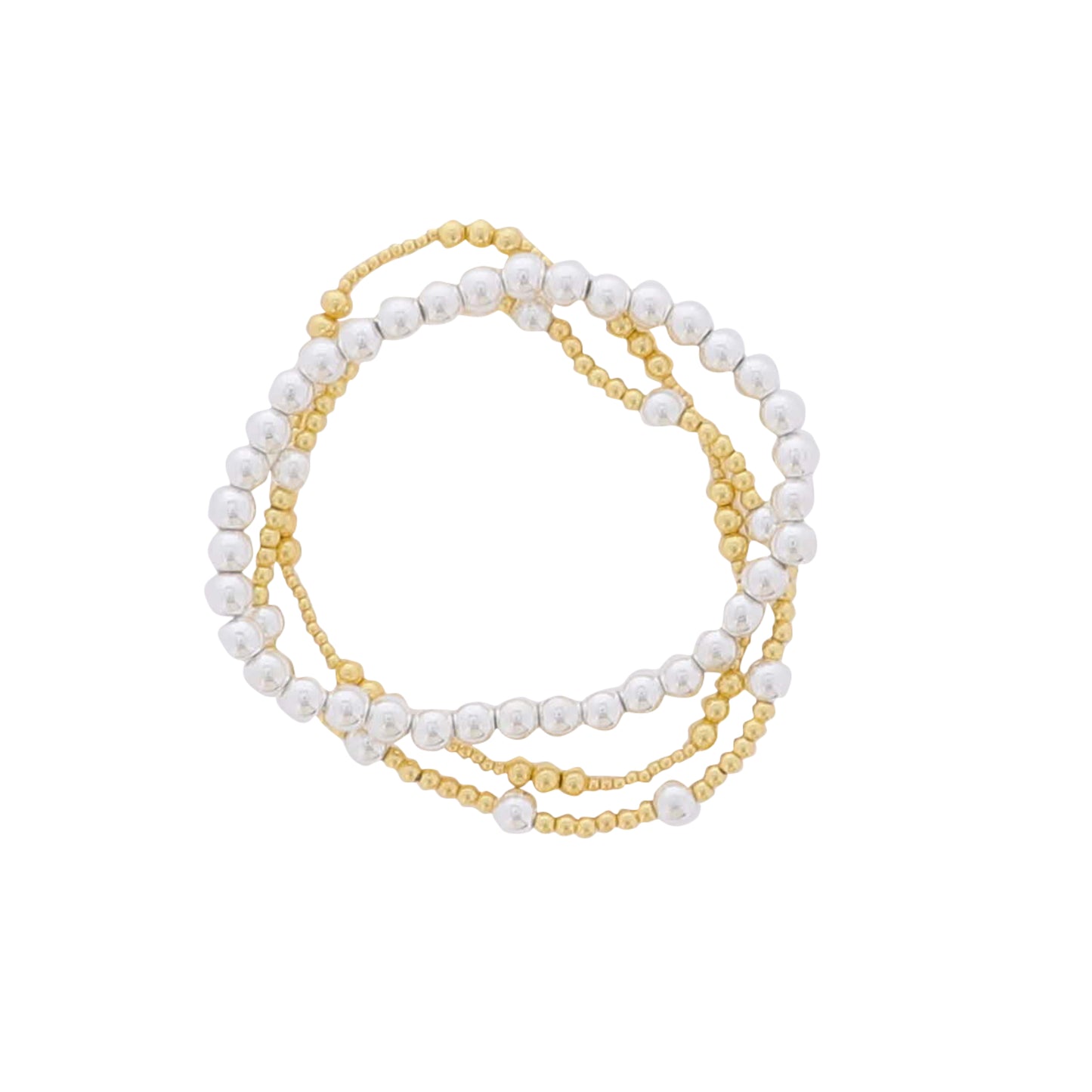 Set of 3, Multi Sized Ball, Silver, Gold Beaded Stretch Bracelet