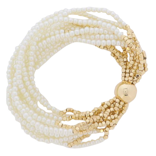 Pearl Seed Bead Beaded Multi Strand Bracelet with Gold Ball