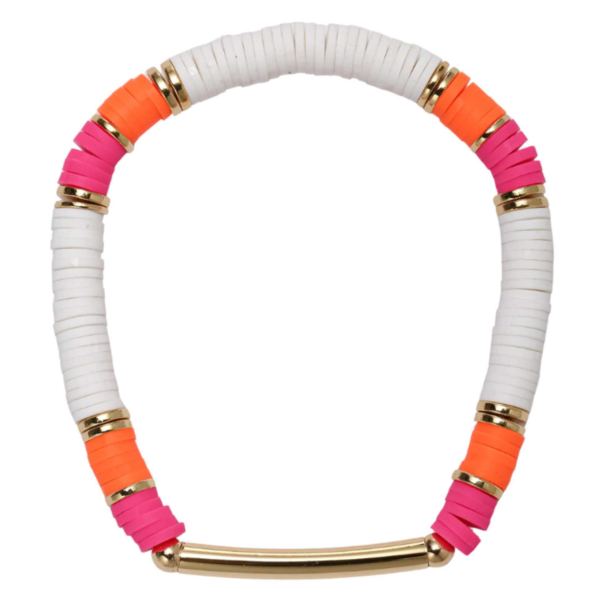 Pink, White, Orange Rubber Beaded Bracelet with Bar