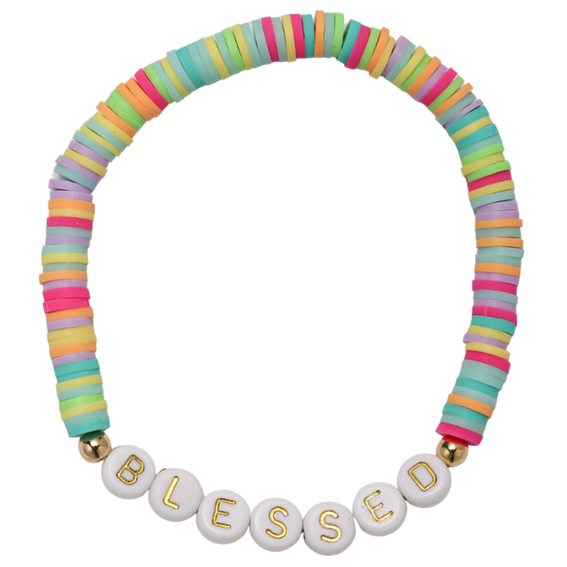Lime, Pink, Yellow, Lavender, TQ Rubber Beaded Bracelet with "Blessed"