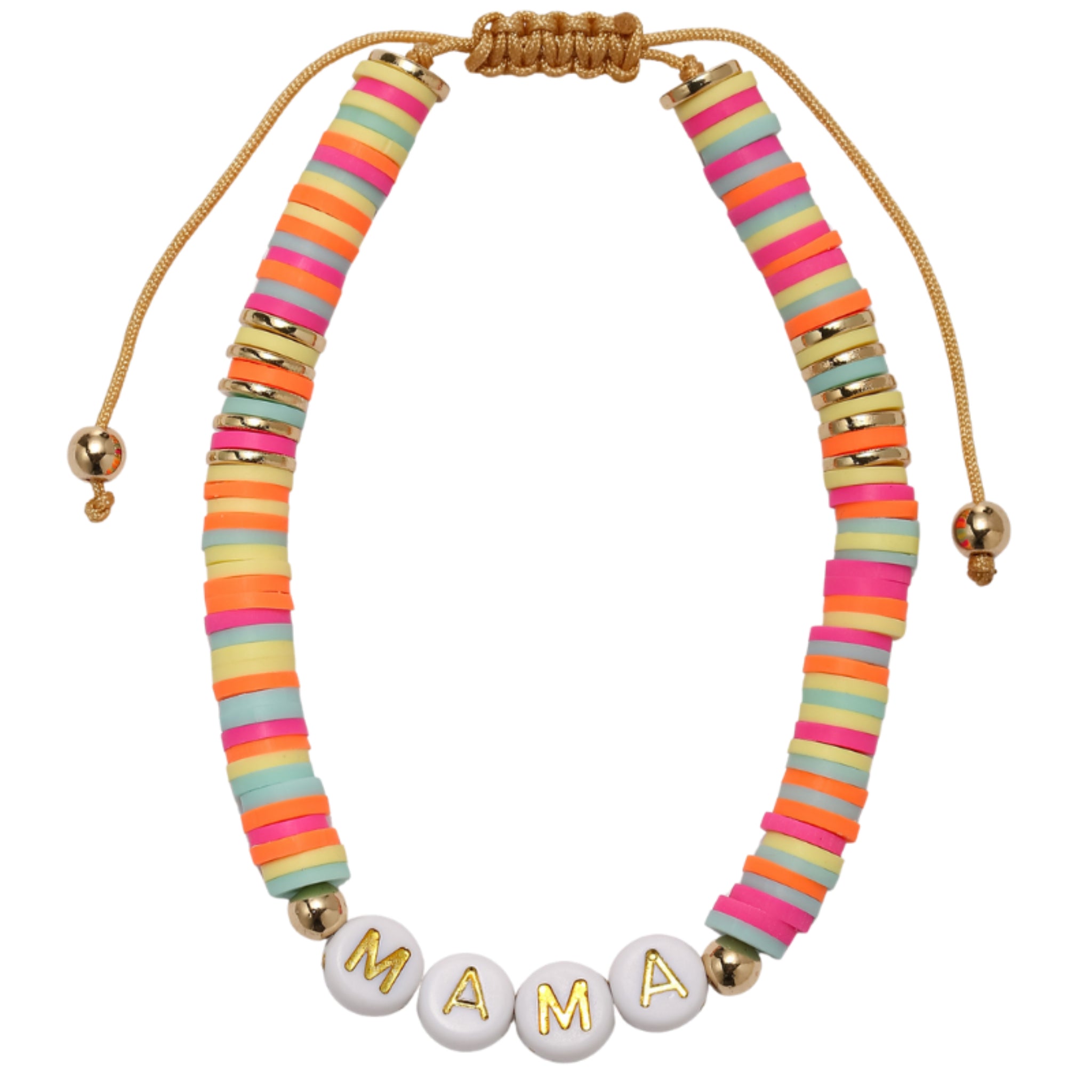 Yellow, Pink, Orange, Blue Rubber Beaded Bracelet with "Mama"