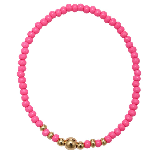 Kids Hot Pink Seed Bead Beaded Bracelet with Gold Beads