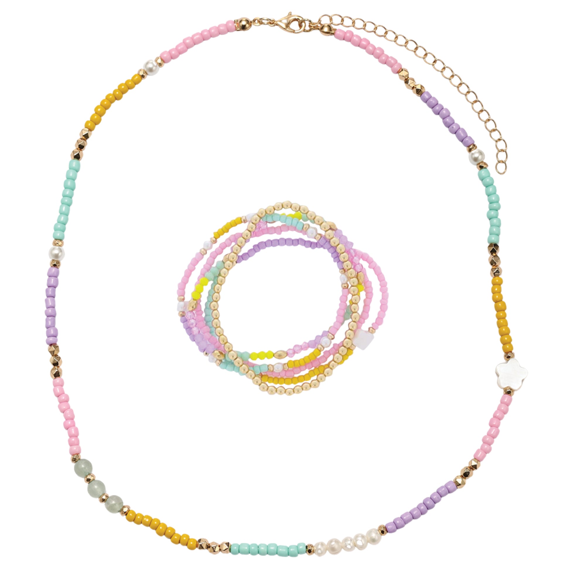 Kids Light Pink, Lavender, Mint, Yellow, Pearl Seed Bead Beaded Necklace, Bracelet with Pearl Star