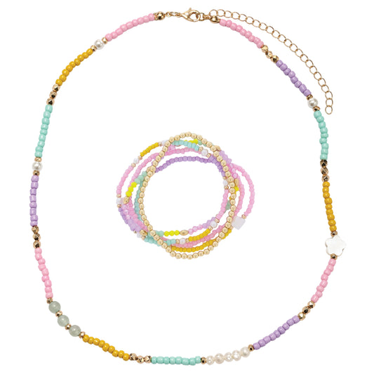 Kids Light Pink, Lavender, Mint, Yellow, Pearl Seed Bead Beaded Necklace, Bracelet with Pearl Star