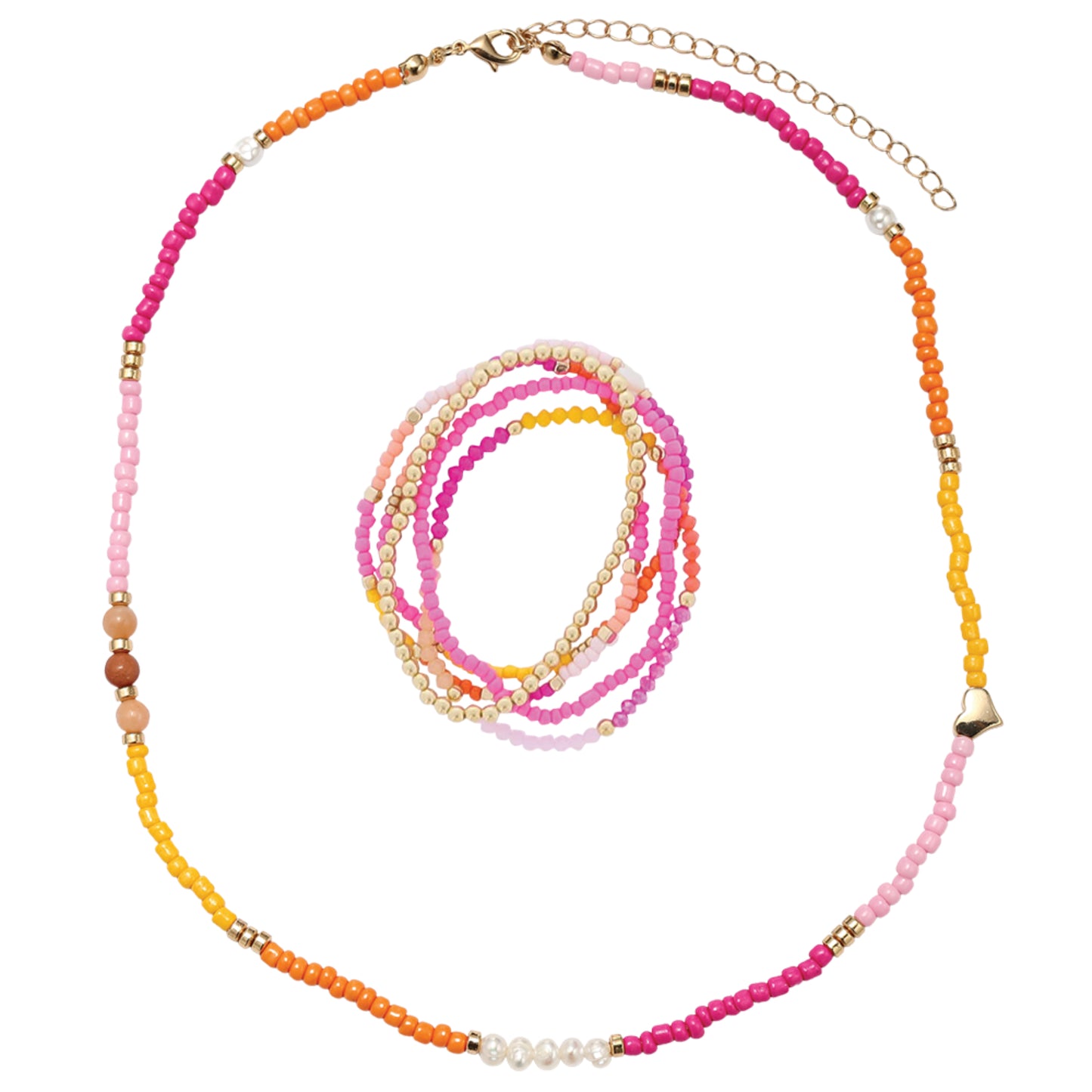 Kids Hot Pink, Yellow, Orange, Pearl, Pink Seed Bead Beaded Necklace, Bracelet with Pearl Heart