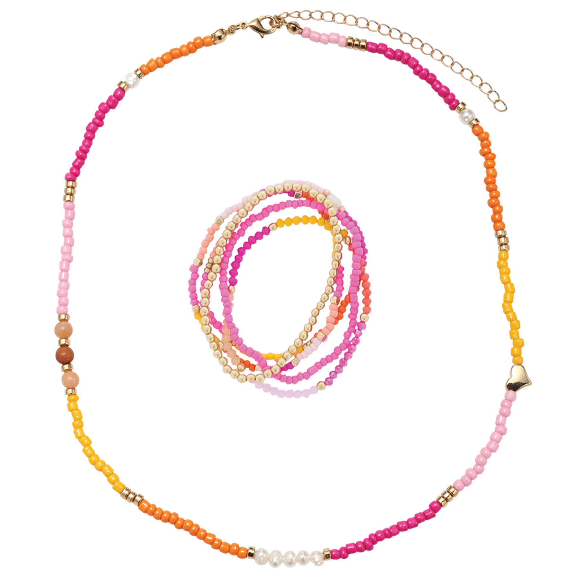 Kids Hot Pink, Yellow, Orange, Pearl, Pink Seed Bead Beaded Necklace, Bracelet with Pearl Heart