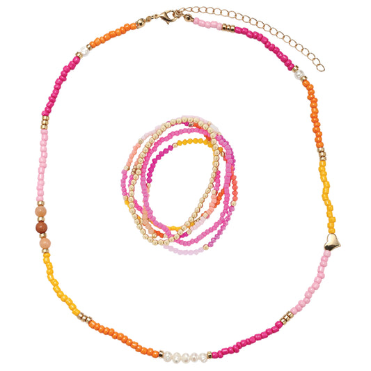 Kids Hot Pink, Yellow, Orange, Pearl, Pink Seed Bead Beaded Necklace, Bracelet with Pearl Heart