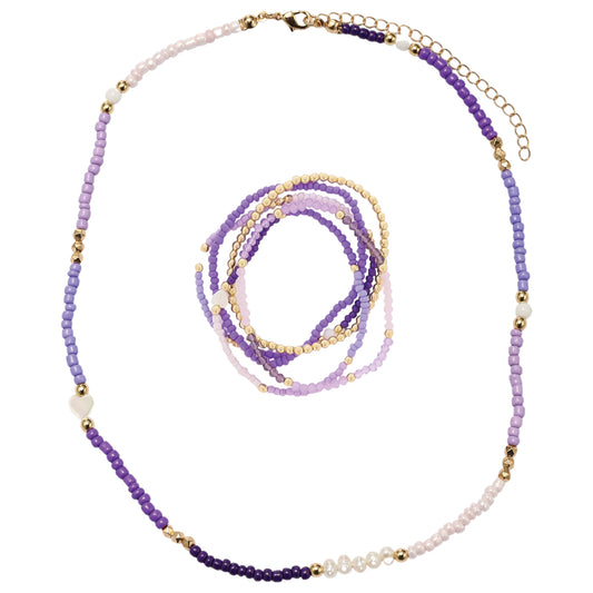 Kids Lavender, Purple, Pearl Seed Bead Beaded Necklace, Bracelet with Pearl Heart