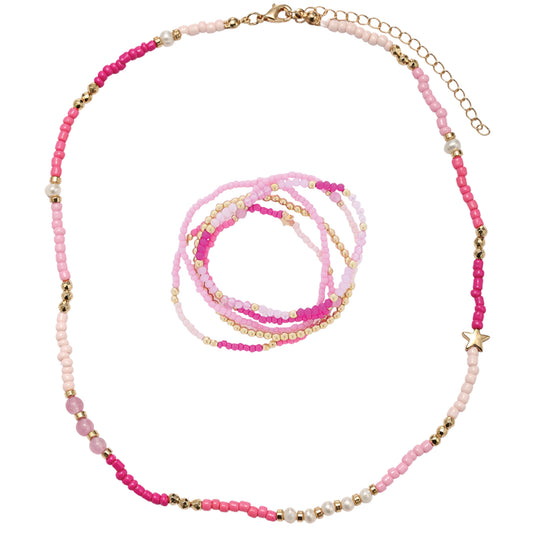 Kids Hot Pink, Light PInk, Pink, Pearl Seed Bead Beaded Necklace, Bracelet with Gold Star