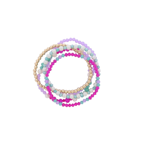 Set of 5, Magenta, Lavender, Turquoise, Pearl, Gold Faceted Beaded Bracelets