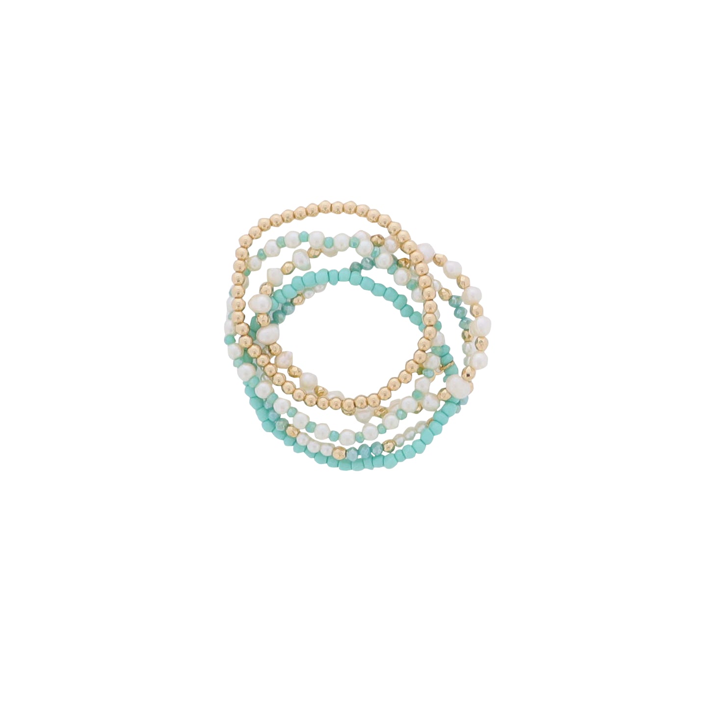 Set of 5, Turquoise, Pearl, Gold Faceted, Seed Beaded Bracelets