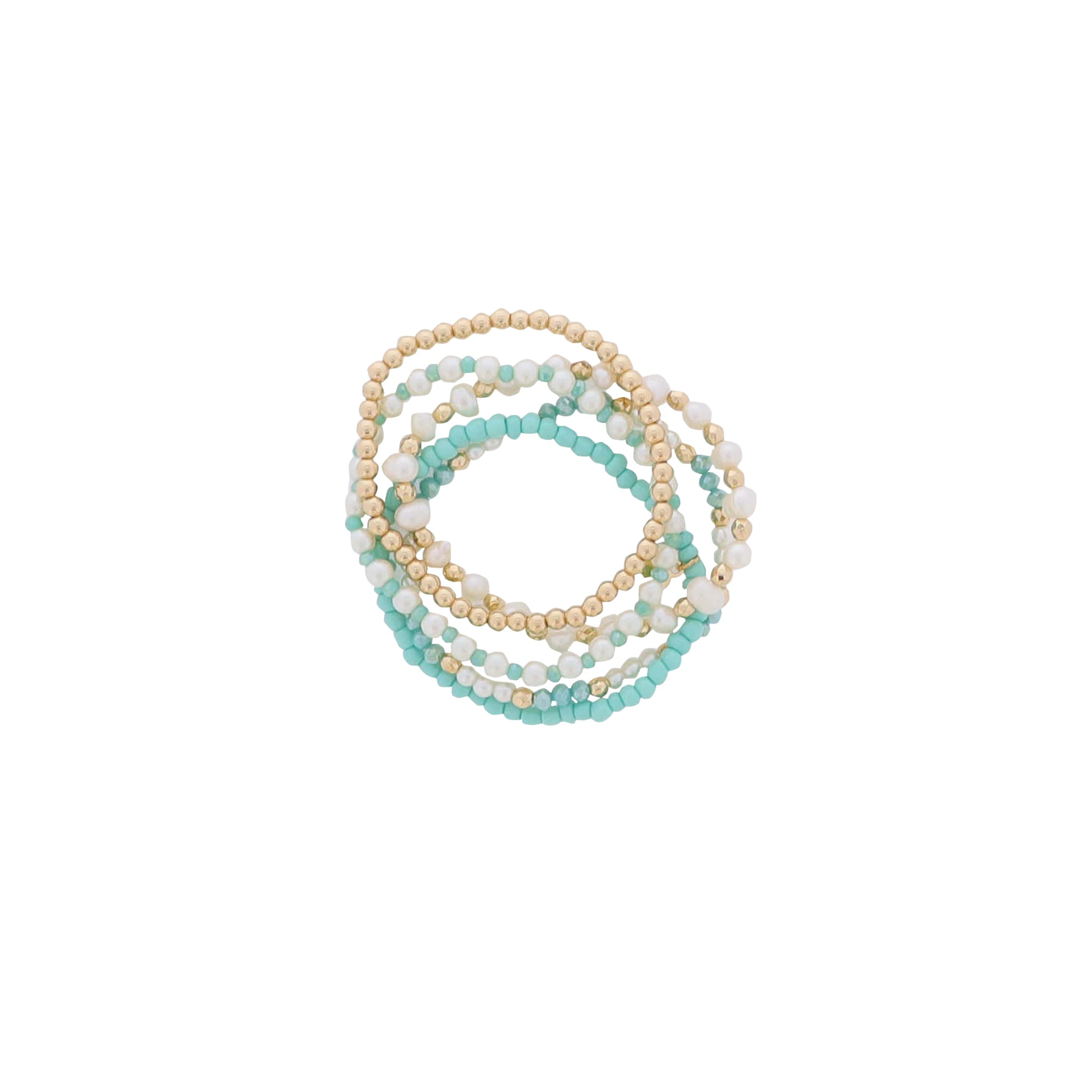Set of 5, Turquoise, Pearl, Gold Faceted, Seed Beaded Bracelets