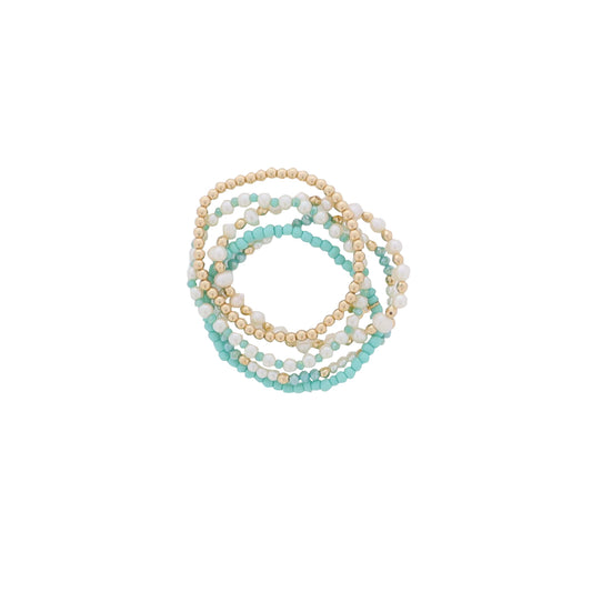 Set of 5, Turquoise, Pearl, Gold Faceted, Seed Beaded Bracelets