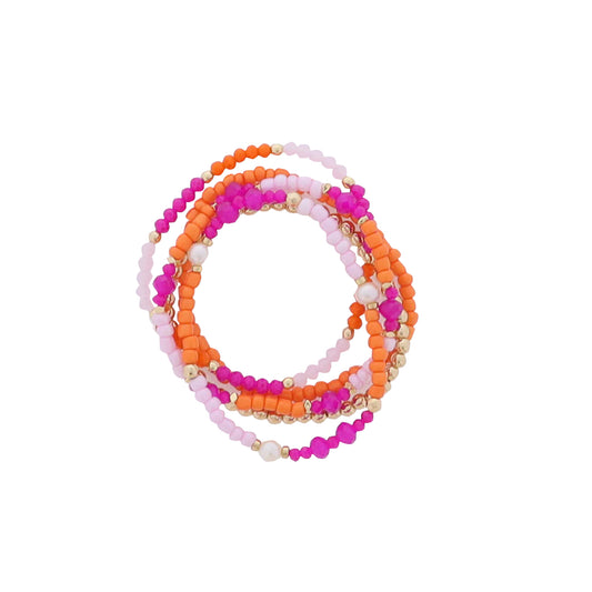 Set of 5, Orange, Hot Pink, Light Pink, Gold, Pearl Faceted, Seed Beaded Bracelets