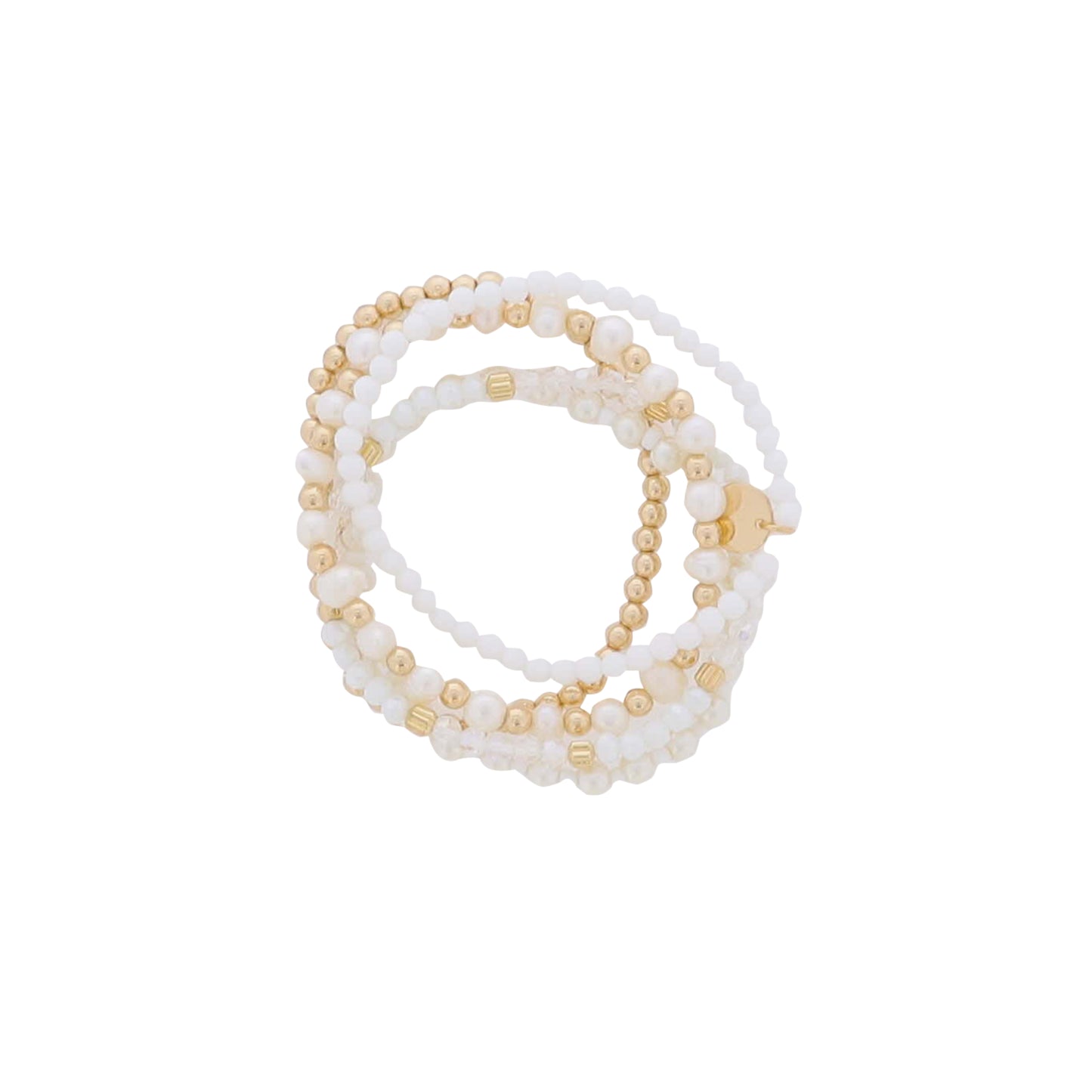 Set of 5, Clear, Pearl, Gold Faceted, Seed Beaded Bracelets