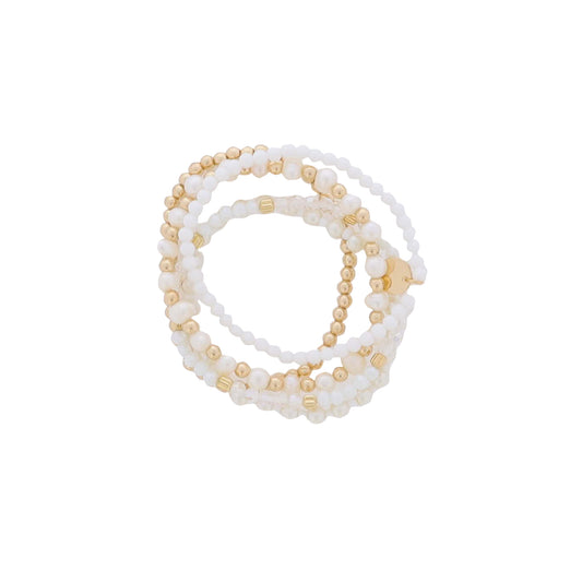Set of 5, Clear, Pearl, Gold Faceted, Seed Beaded Bracelets