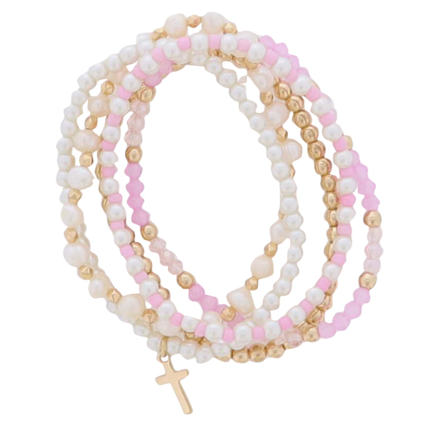 Set of 5, Hot Pink, Light Pink, Pink, Pearl, Gold Faceted, Seed Beaded Bracelets