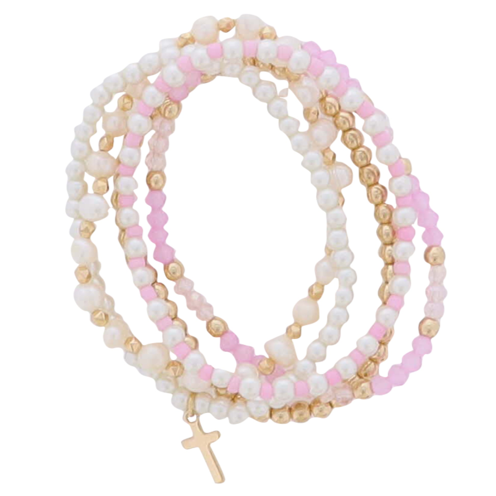 Set of 5, Hot Pink, Light Pink, Pink, Pearl, Gold Faceted, Seed Beaded Bracelets