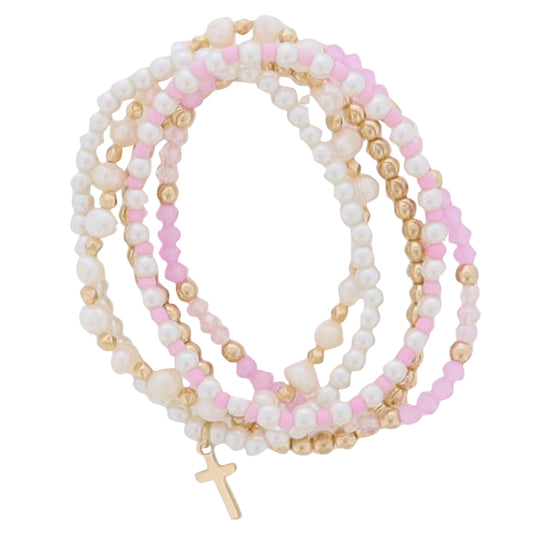 Set of 5, Hot Pink, Light Pink, Pink, Pearl, Gold Faceted, Seed Beaded Bracelets