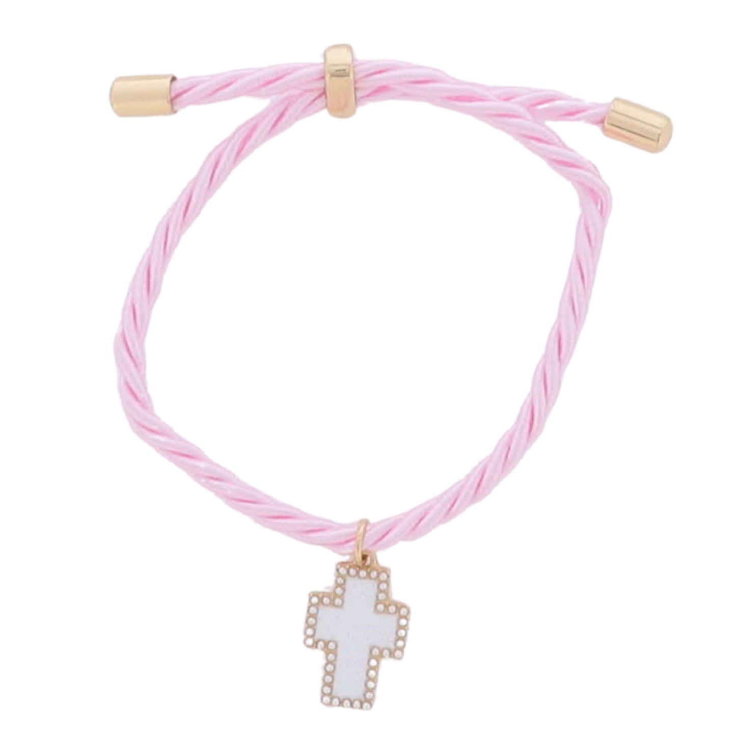 Kids Light Pink Rope Cord Bracelet with White Enamel Cross