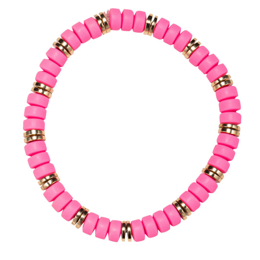 Hot Pink Rubber Rondelle Beaded Stretch Bracelet with Gold Spacers