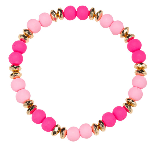 Pink Rubber Beaded Stretch Bracelet with Gold Spacers