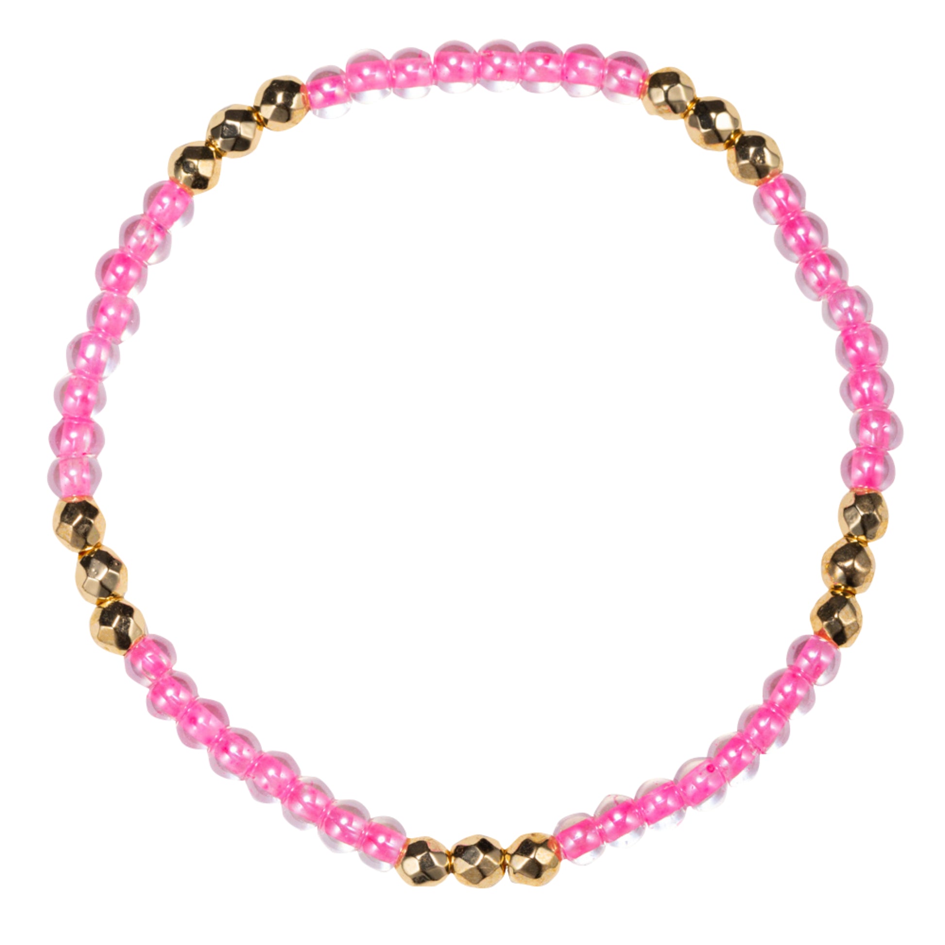 Pink, Tq Beaded Stretch Bracelet with Gold Spacers