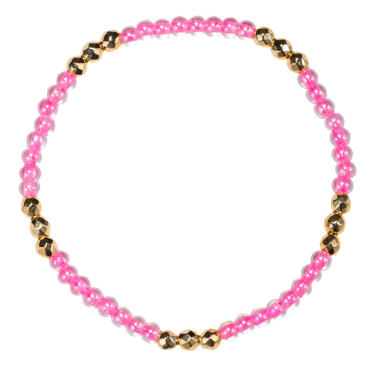 Pink, Tq Beaded Stretch Bracelet with Gold Spacers